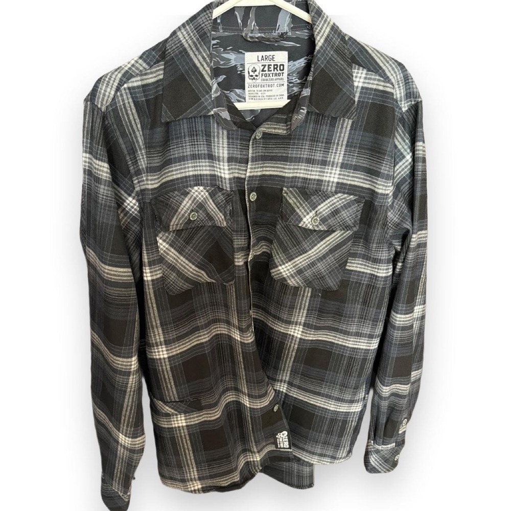 Zero Foxtrot Mens Large gray and white plaid button-up flannel shirt camo-print - Picture 1 of 6